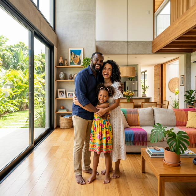 Família feliz em casa nova